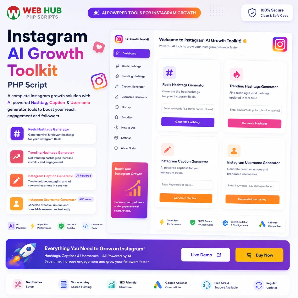 Instagram AI Growth Toolkit – Hashtag, Caption & Username Generator PHP Script